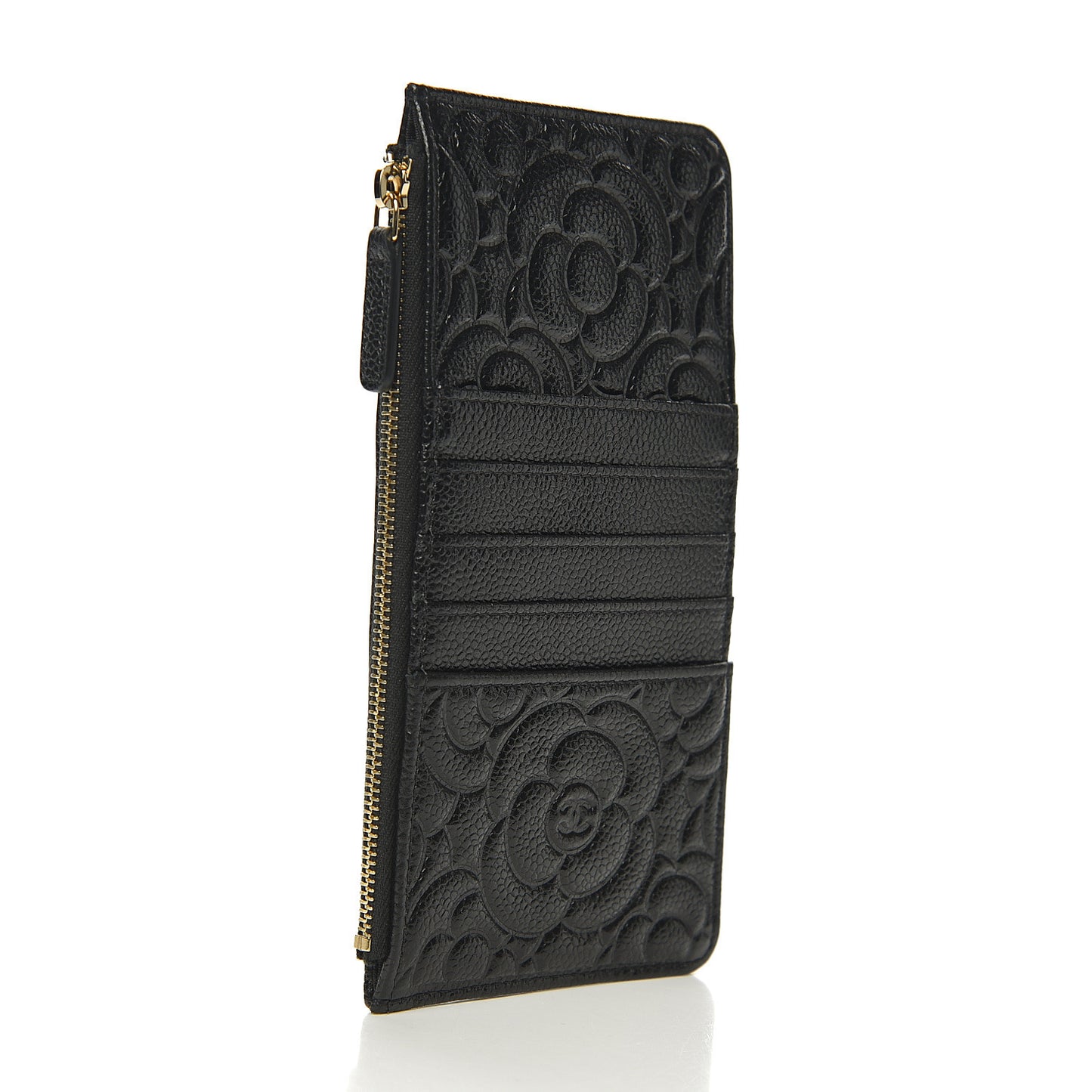 Caviar Camellia Embossed Classic Flat Wallet Pouch Black