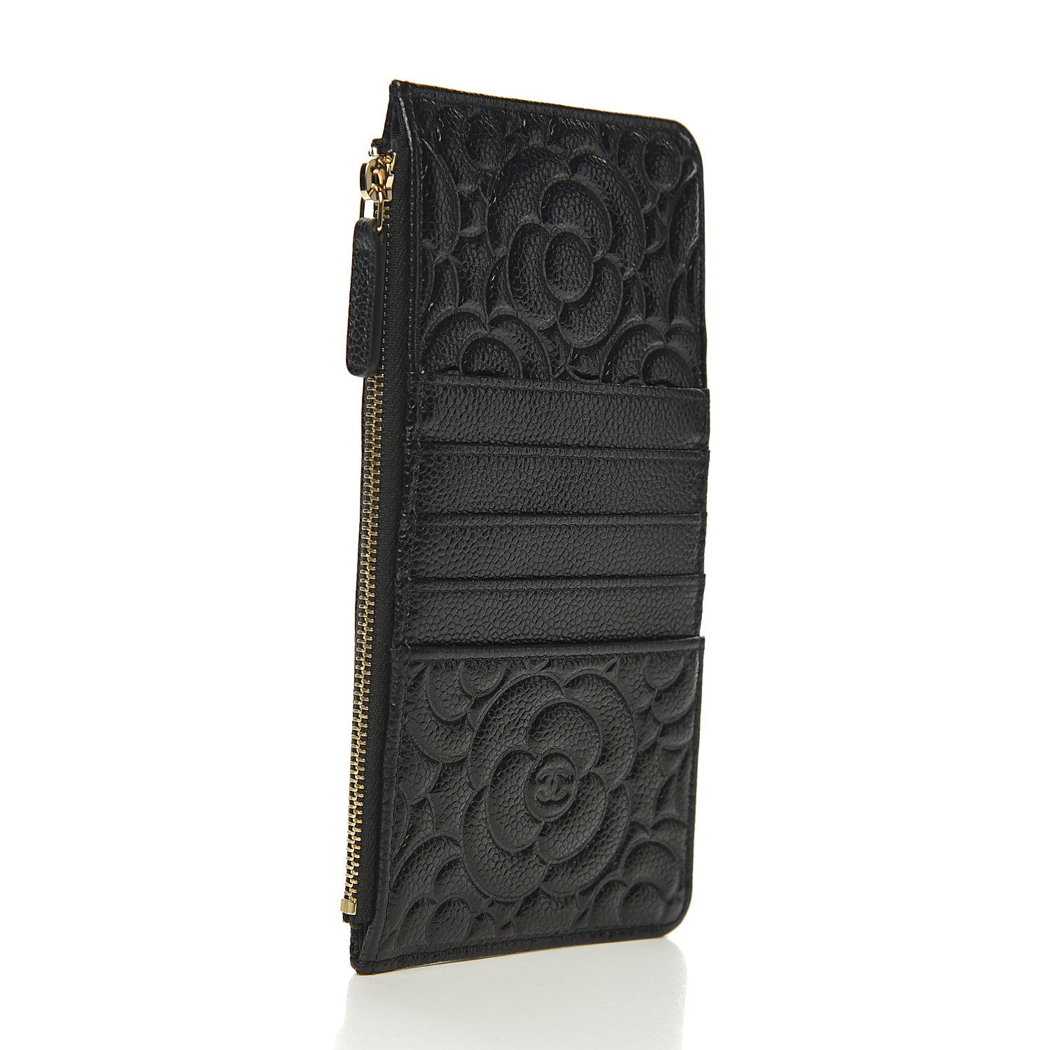 Chanel Caviar Camellia Embossed Classic Flat Wallet Pouch Black 2 of 7