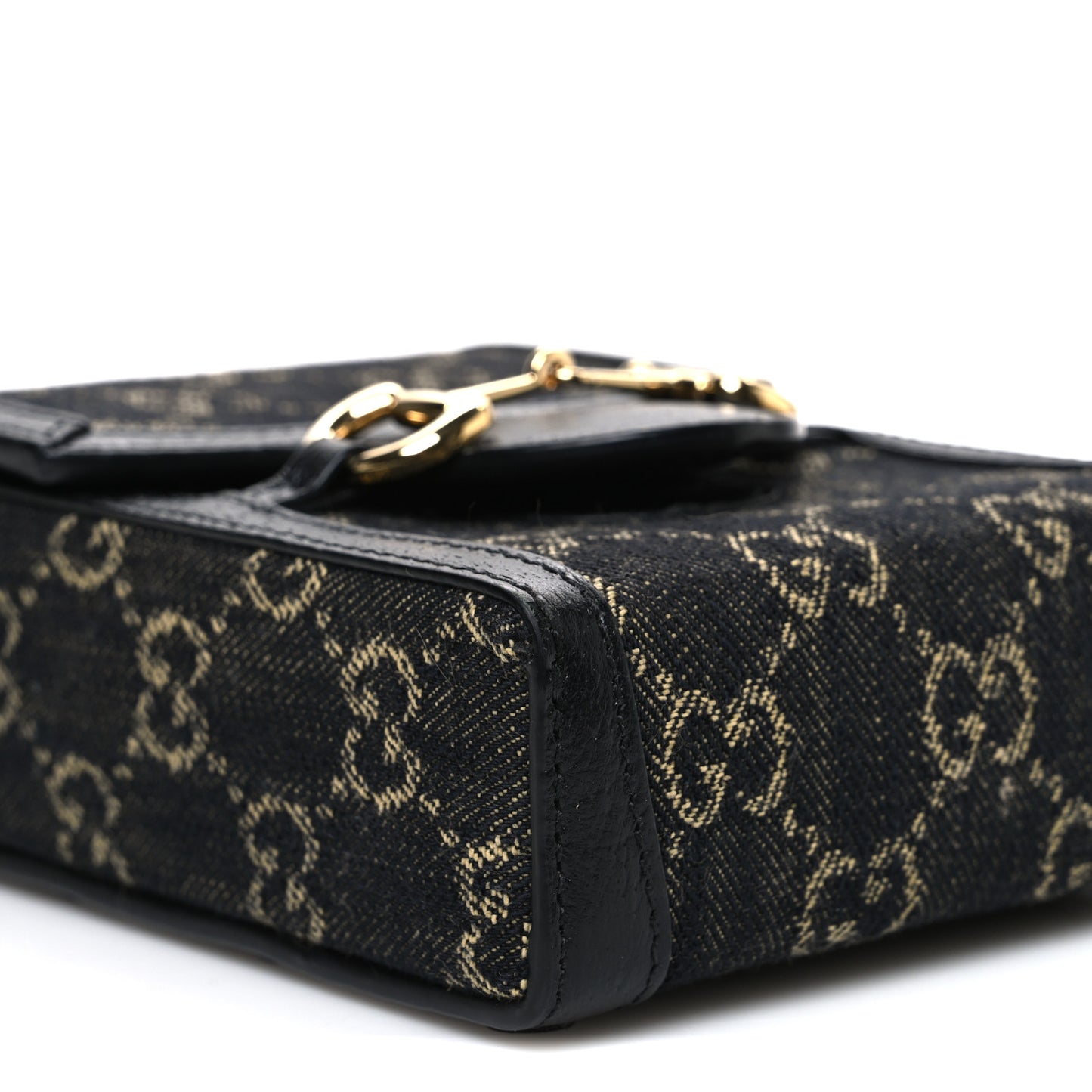 Jacquard Black Denim GG Monogram Textured Dollar Calfskin Mini Horsebit 1955 Crossbody Bag Black Ivory