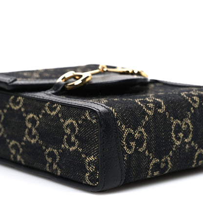 Gucci Jacquard Black Denim GG Monogram Textured Dollar Calfskin Mini Horsebit 1955 Crossbody Bag Black Ivory 8 of 10