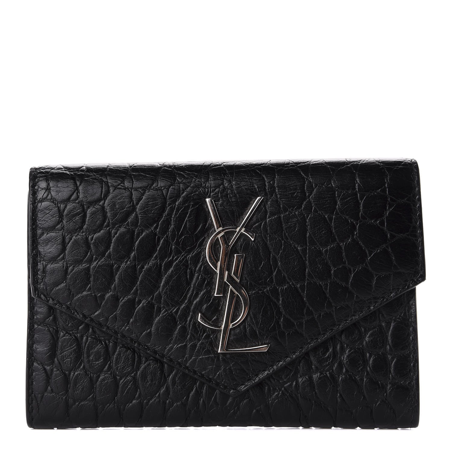 Saint Laurent Calfskin Crocodile Embossed Small Monogram Envelope Wallet Black 1 of 9
