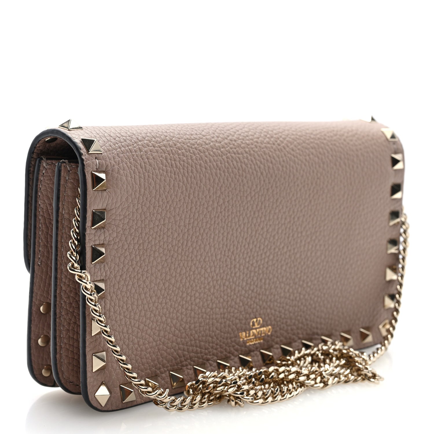 Valentino Garavani Pebbled Calfskin Rockstud Flap Wallet On Chain Poudre 3 of 10