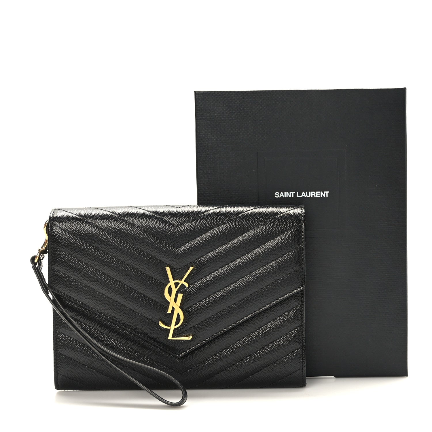 Saint Laurent Grain De Poudre Matelasse Chevron Monogram Envelope Clutch Black 8 of 8