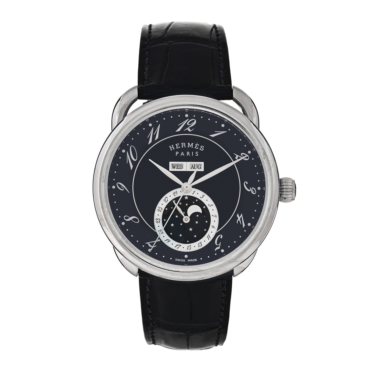 Hermes Stainless Steel Alligator 43mm Arceau Grande Lune Automatic Watch Bleu Abysse 1 of 5
