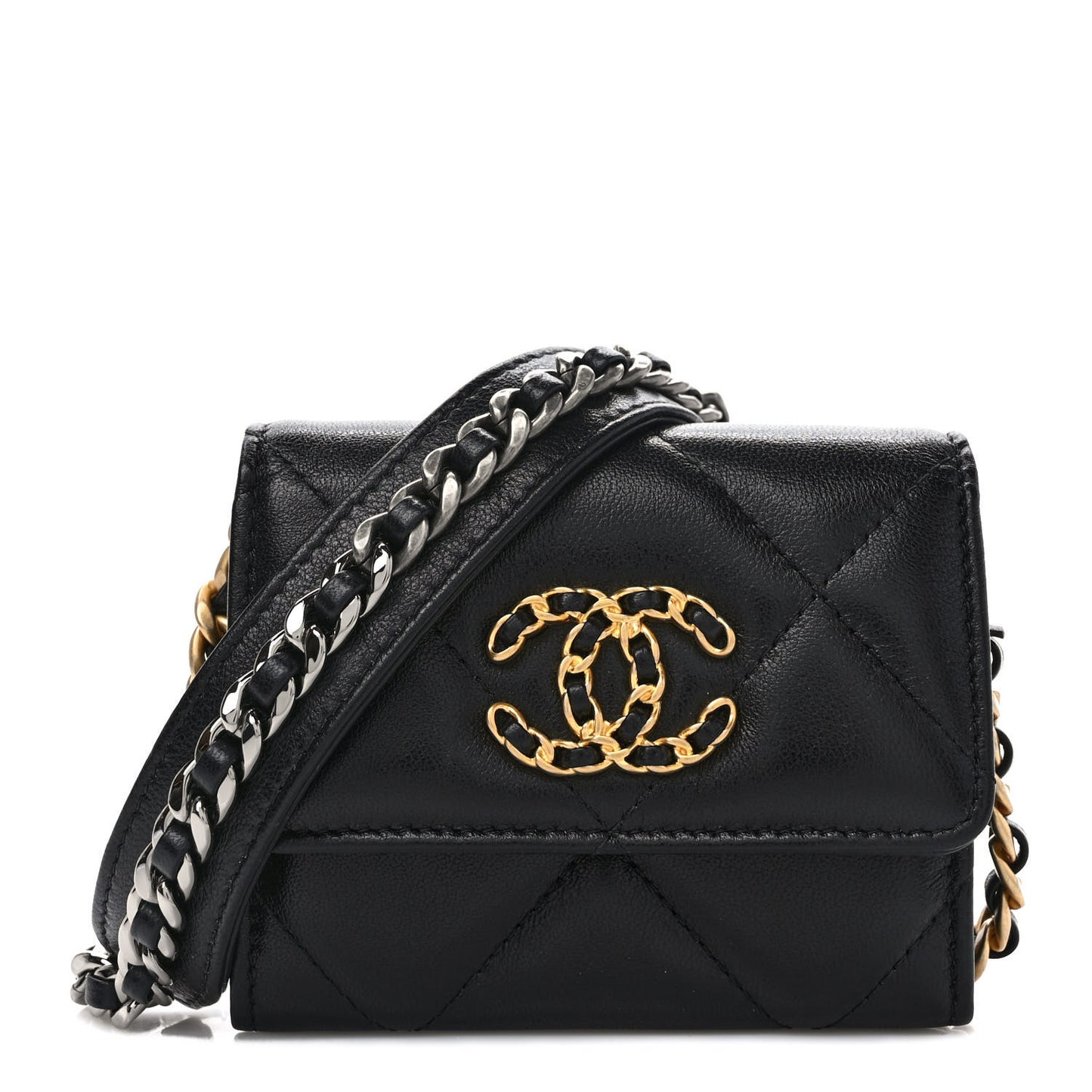 Lambskin Quilted Chanel 19 Flap Coin Purse With Chain Black