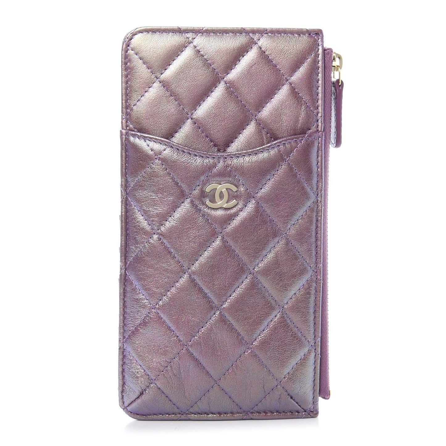 Metallic Aged Calfskin Quilted Classic Flat Wallet Pouch Purple