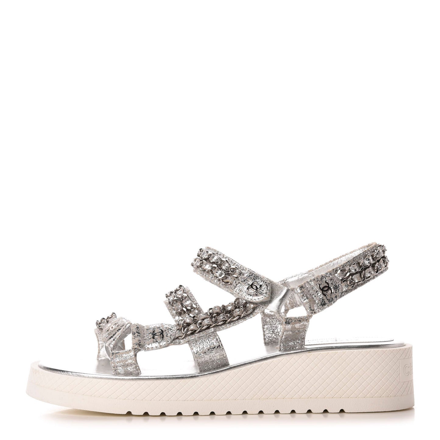 Metallic Lambskin Chain Platform Sandals 40.5 Silver