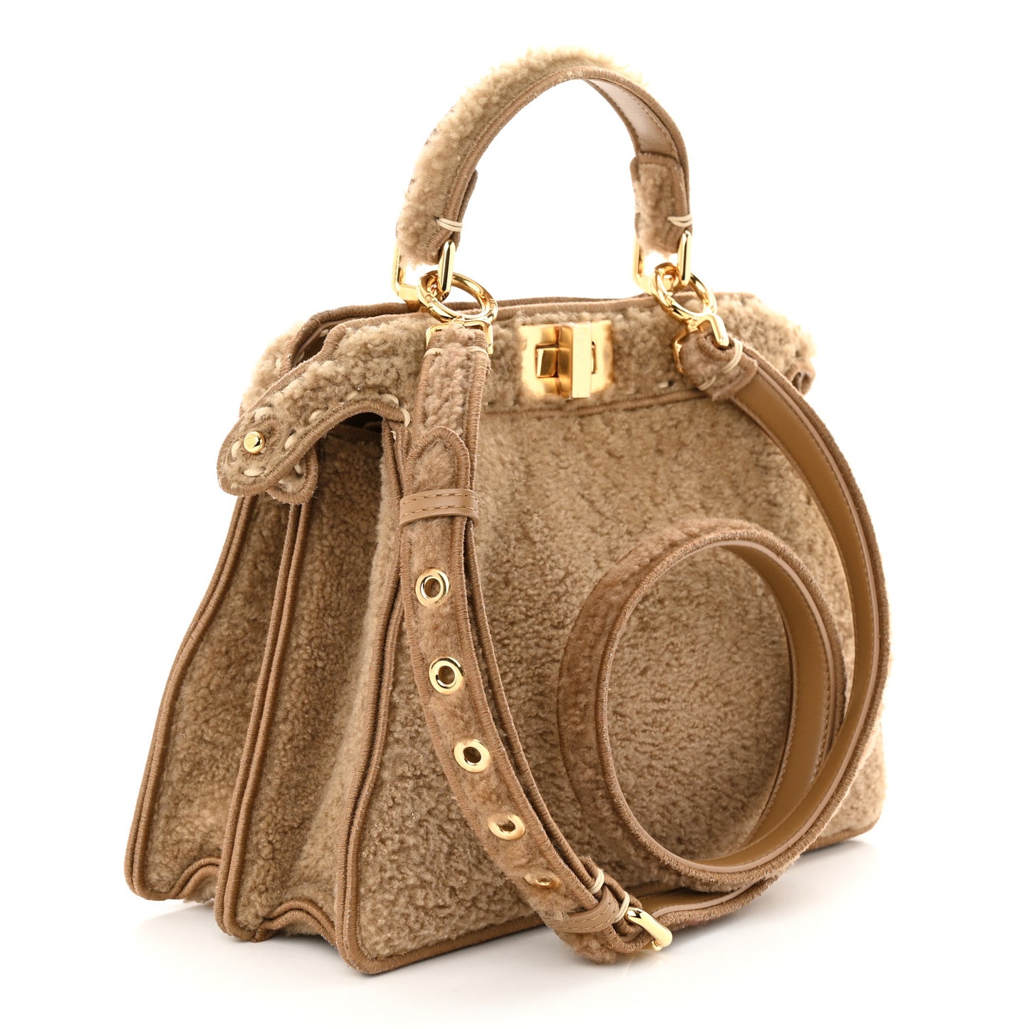 Curly Shearling Shiny Nappa Small Peekaboo I SEE U Satchel Camel