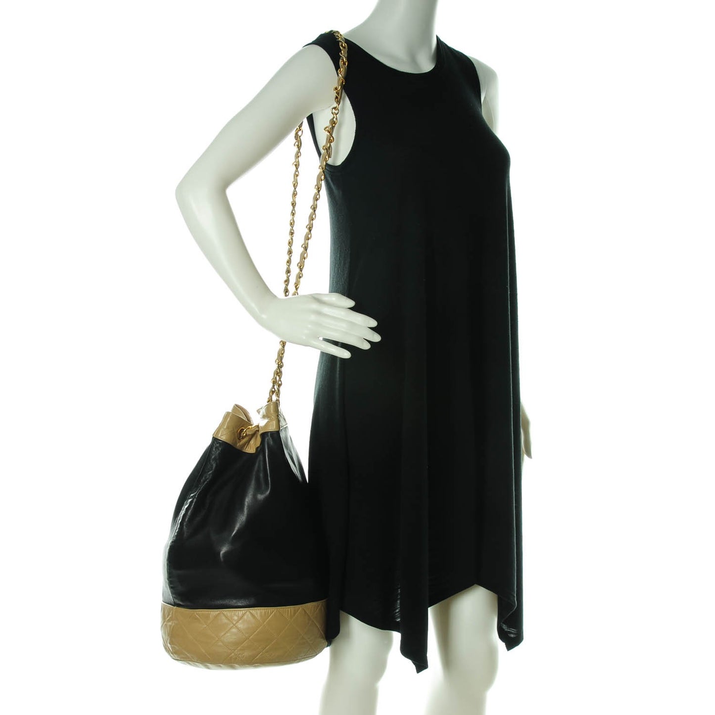 Lambskin Drawstring Shoulder Bag Black Beige