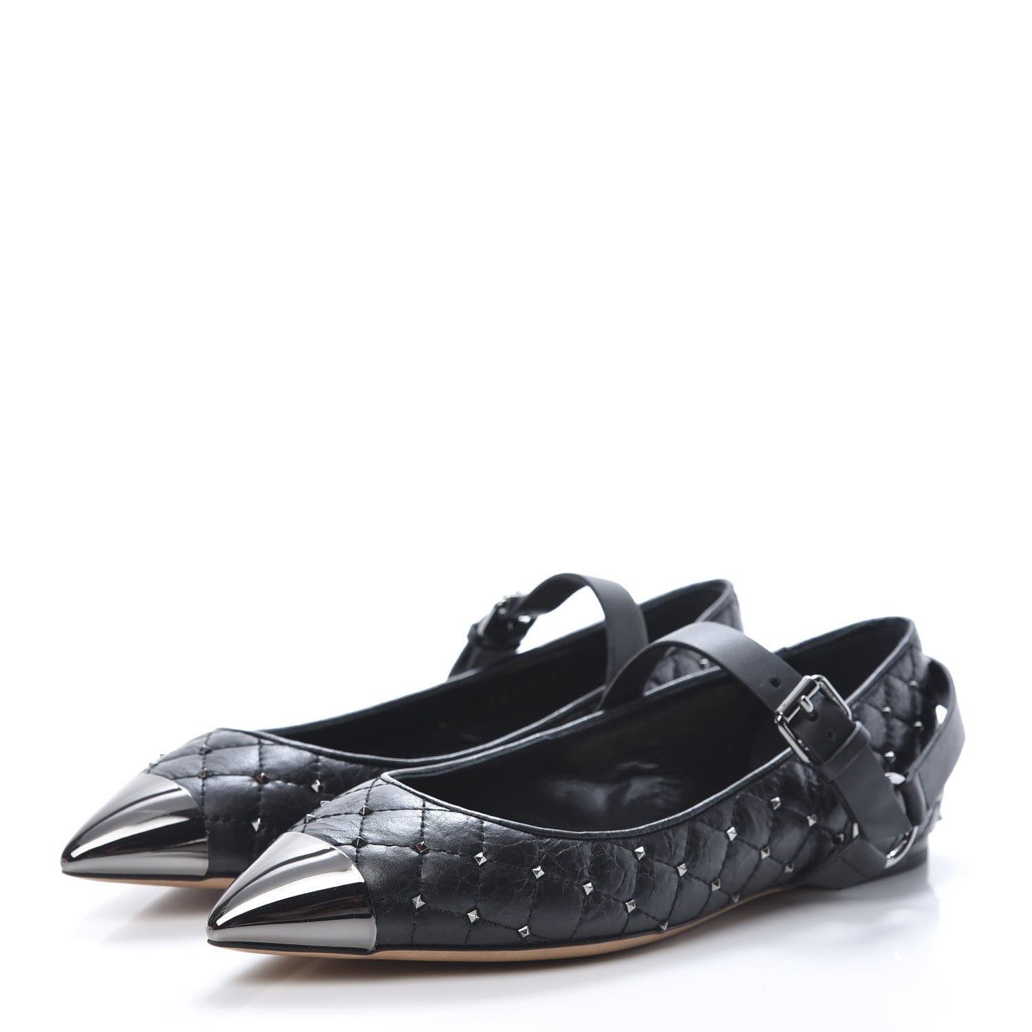 Valentino Garavani Crackled Lambskin Rockstud Spike Captoe Ballerina Flats 37 Black 3 of 8