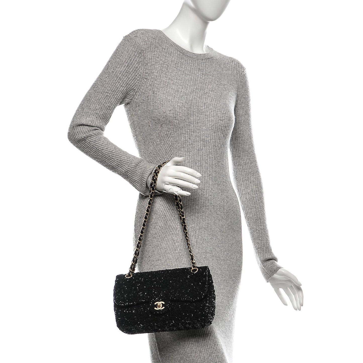 Sequin Embroidered Medium Flap Bag Black