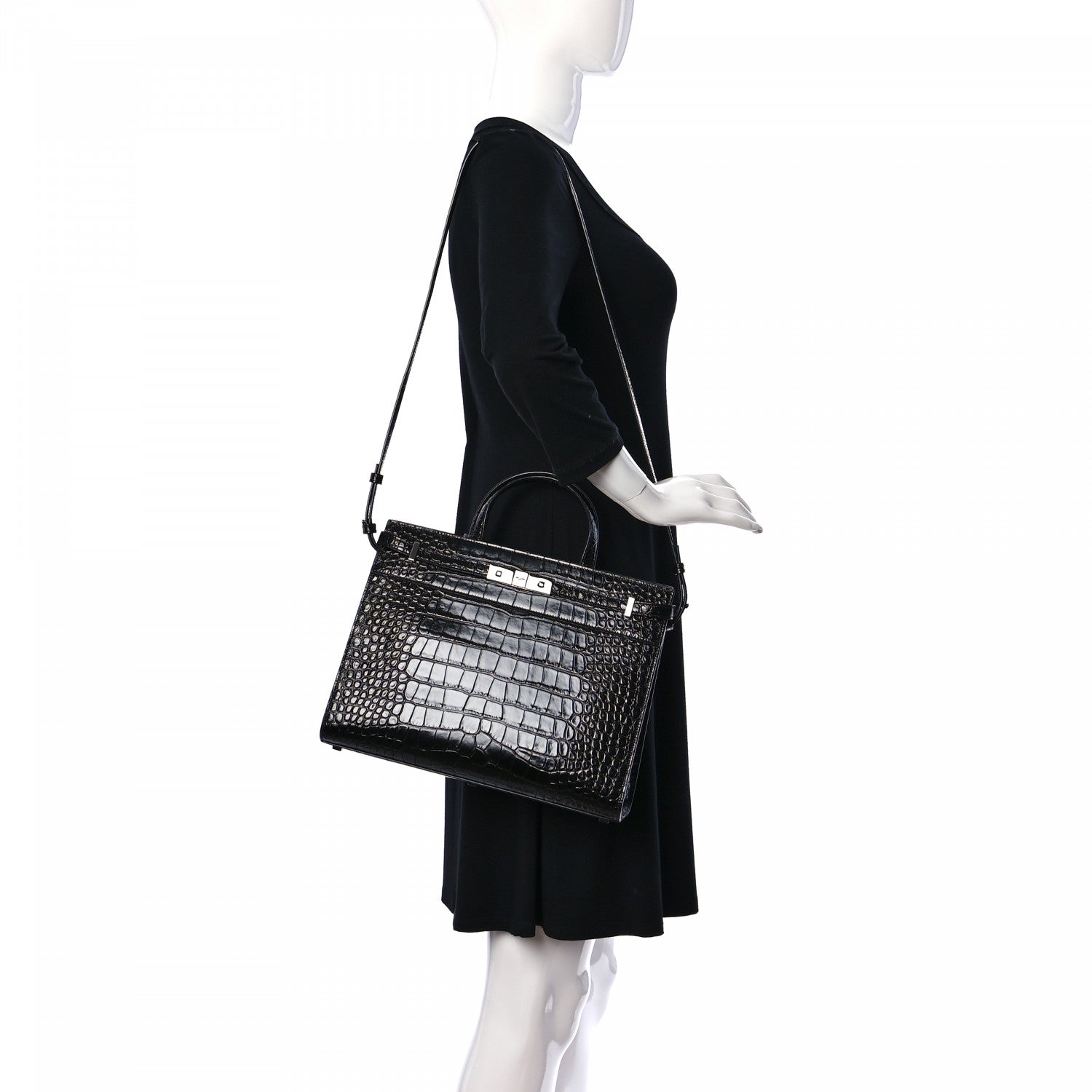 Saint Laurent Shiny Calfskin Crocodile Embossed Small Manhattan Shopper Tote Black 2 of 9