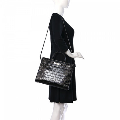 Saint Laurent Shiny Calfskin Crocodile Embossed Small Manhattan Shopper Tote Black 2 of 9