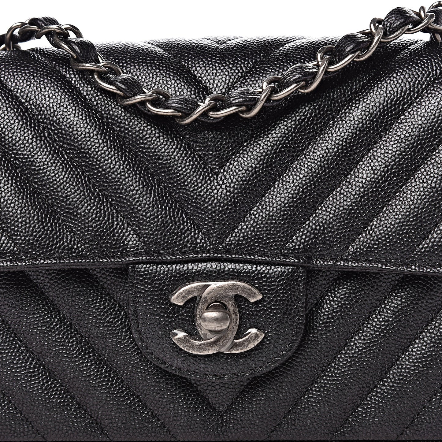Iridescent Caviar Chevron Quilted Mini Rectangular Flap Black