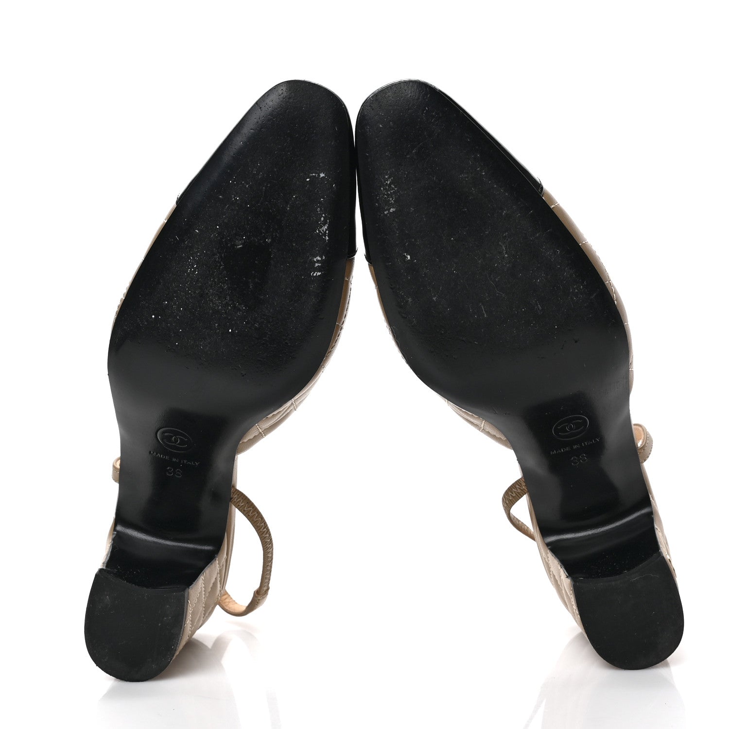 Chanel Lambskin Patent Calfskin Quilted Cap Toe CC Slingback Pumps 38 Beige Black 5 of 8