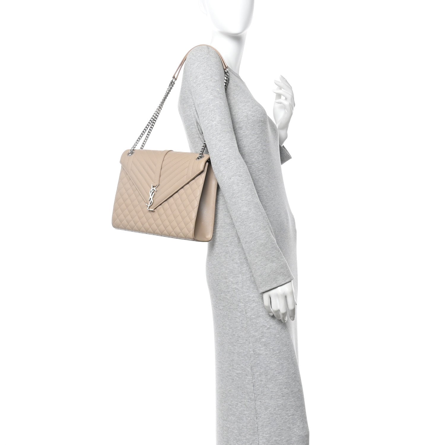 Saint Laurent Grain De Poudre Mixed Matelasse Large Triquilt Monogram Satchel Dark Beige 2 of 10