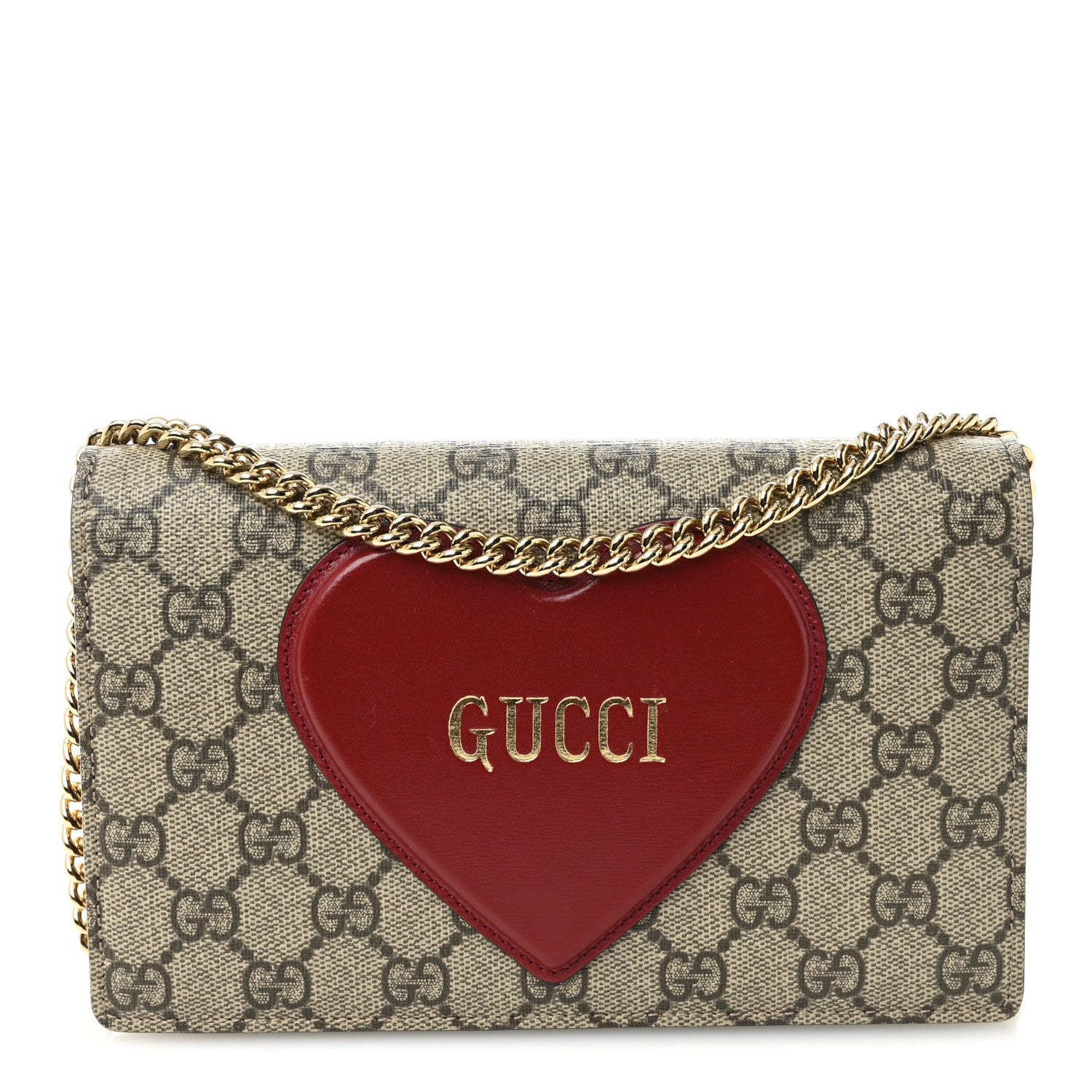 Gucci GG Supreme Monogram Script Logo Heart Wallet on Chain Beige Brown 1 of 12