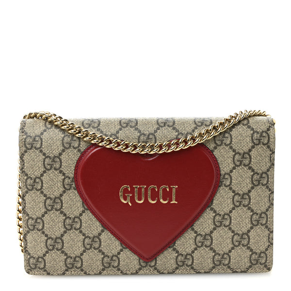 Gucci GG Supreme Monogram Script Logo Heart Wallet on Chain Beige
