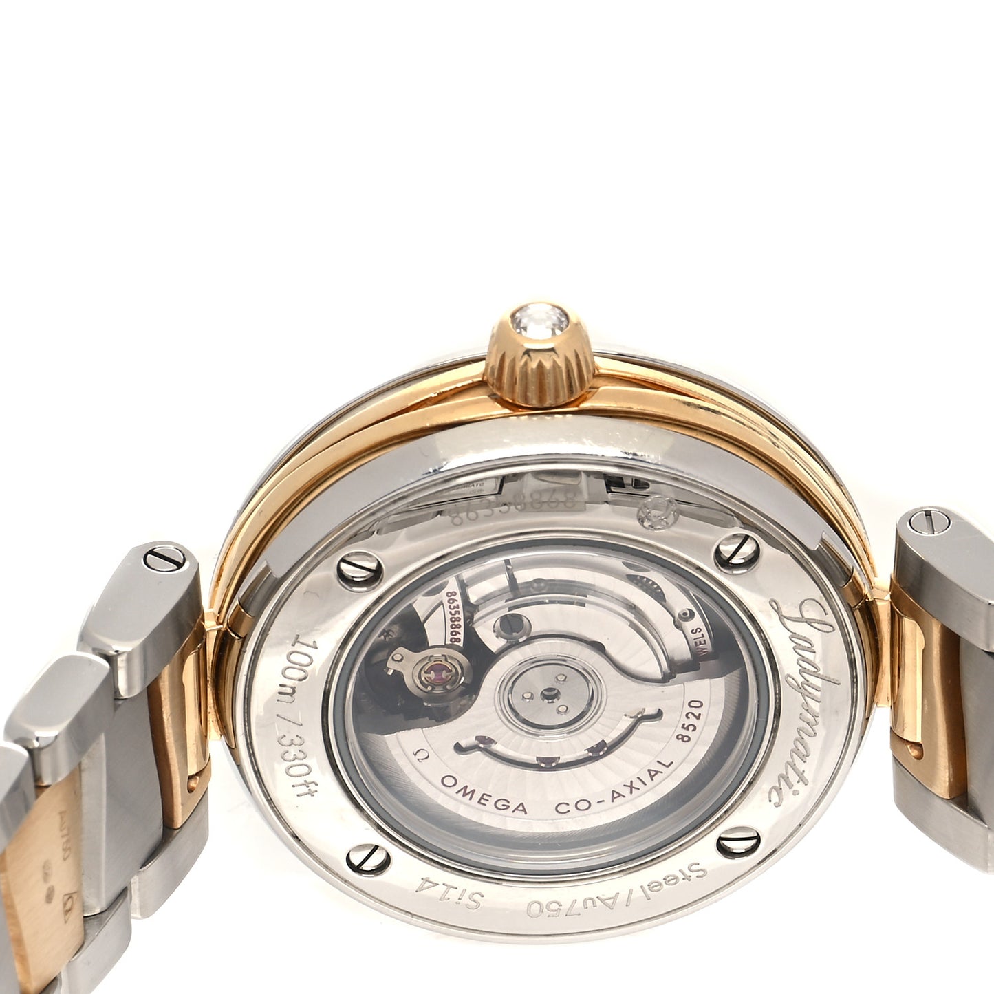 Stainless Steel 18K Yellow Gold Diamond Pave Bezel Mother of Pearl 34mm Ladymatic Co-Axial Automatic Watch 425.25.34.20.55.003