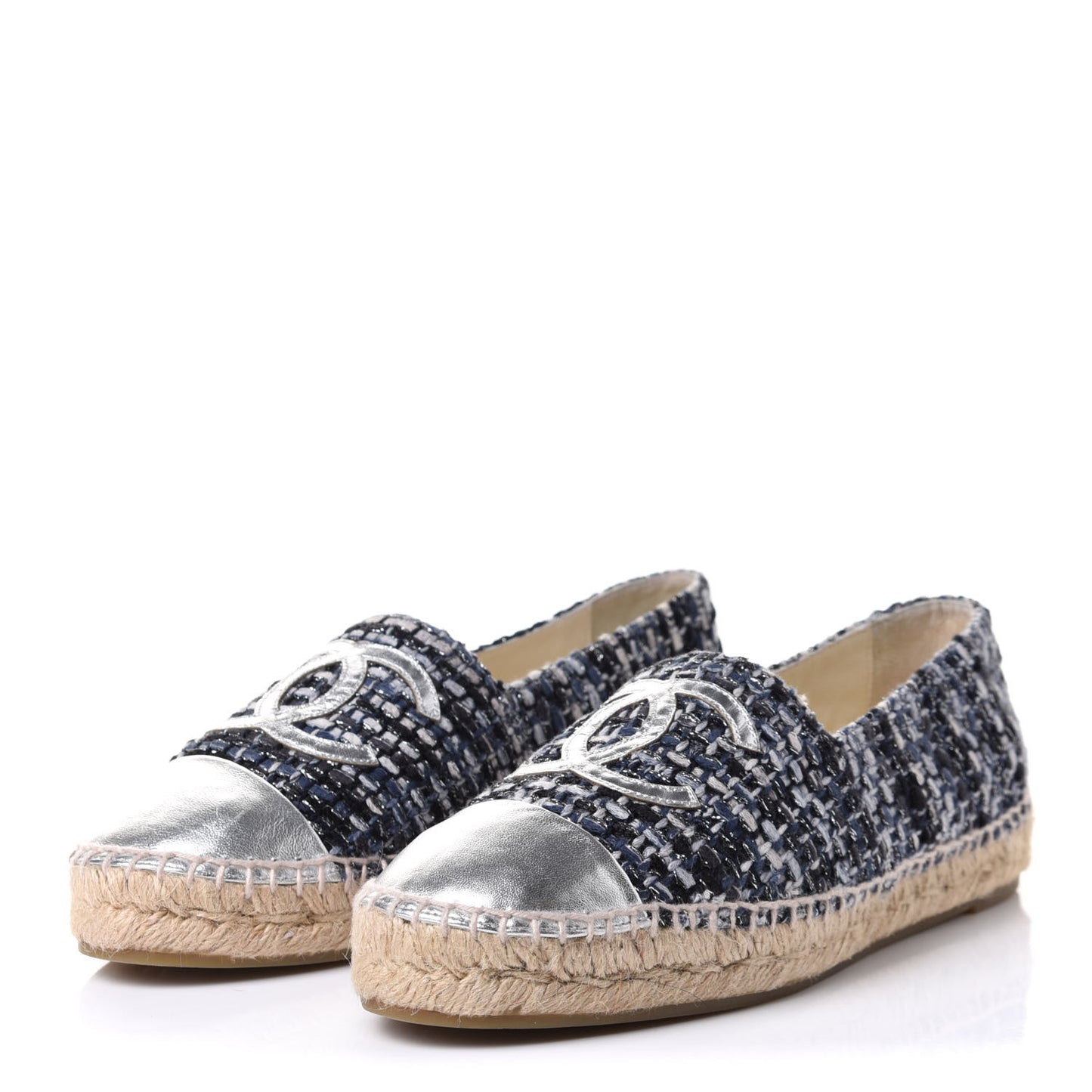 Metallic Tweed Lambskin CC Espadrilles 38 Blue Black Silver