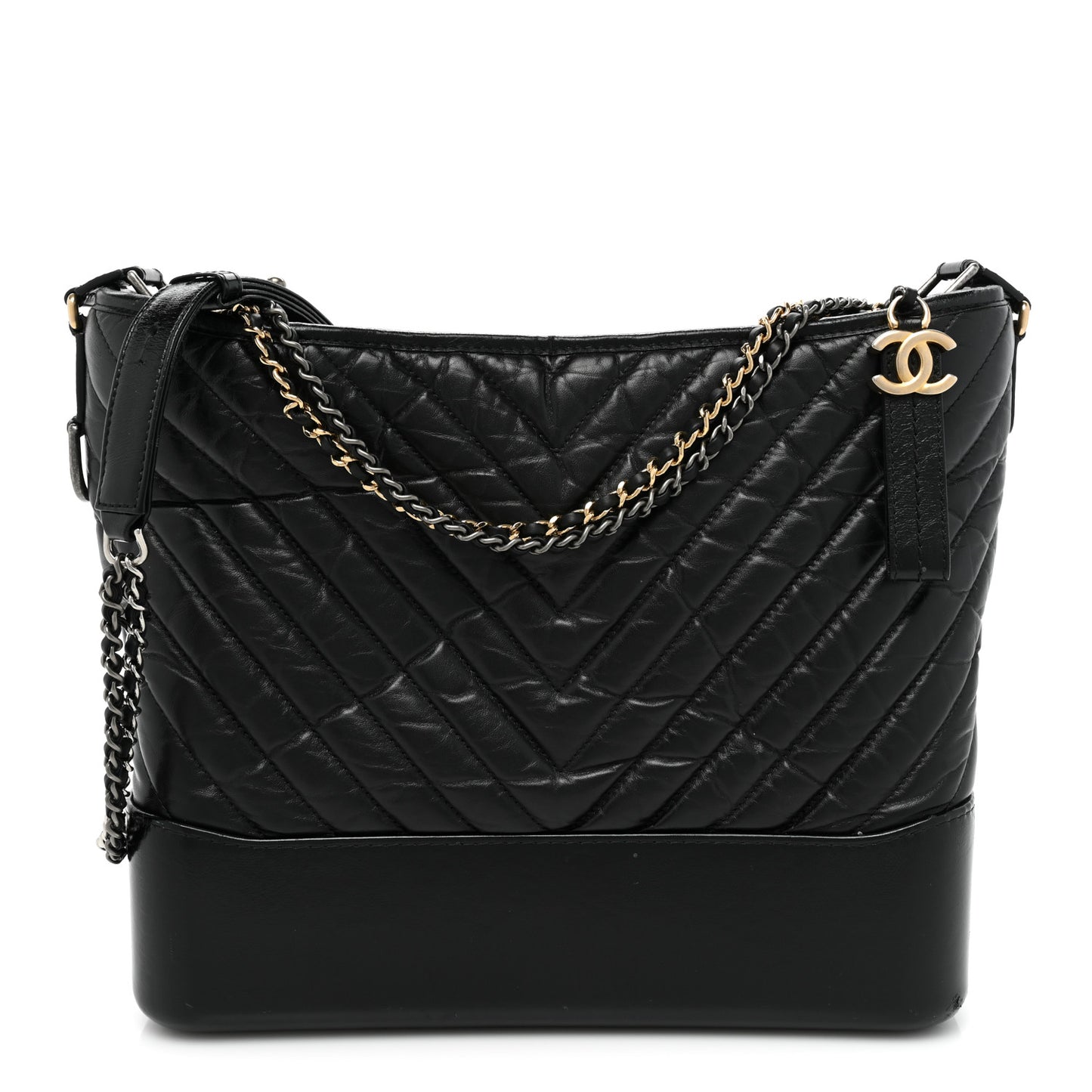 Aged Calfskin Chevron Quilted Large Gabrielle Hobo Black