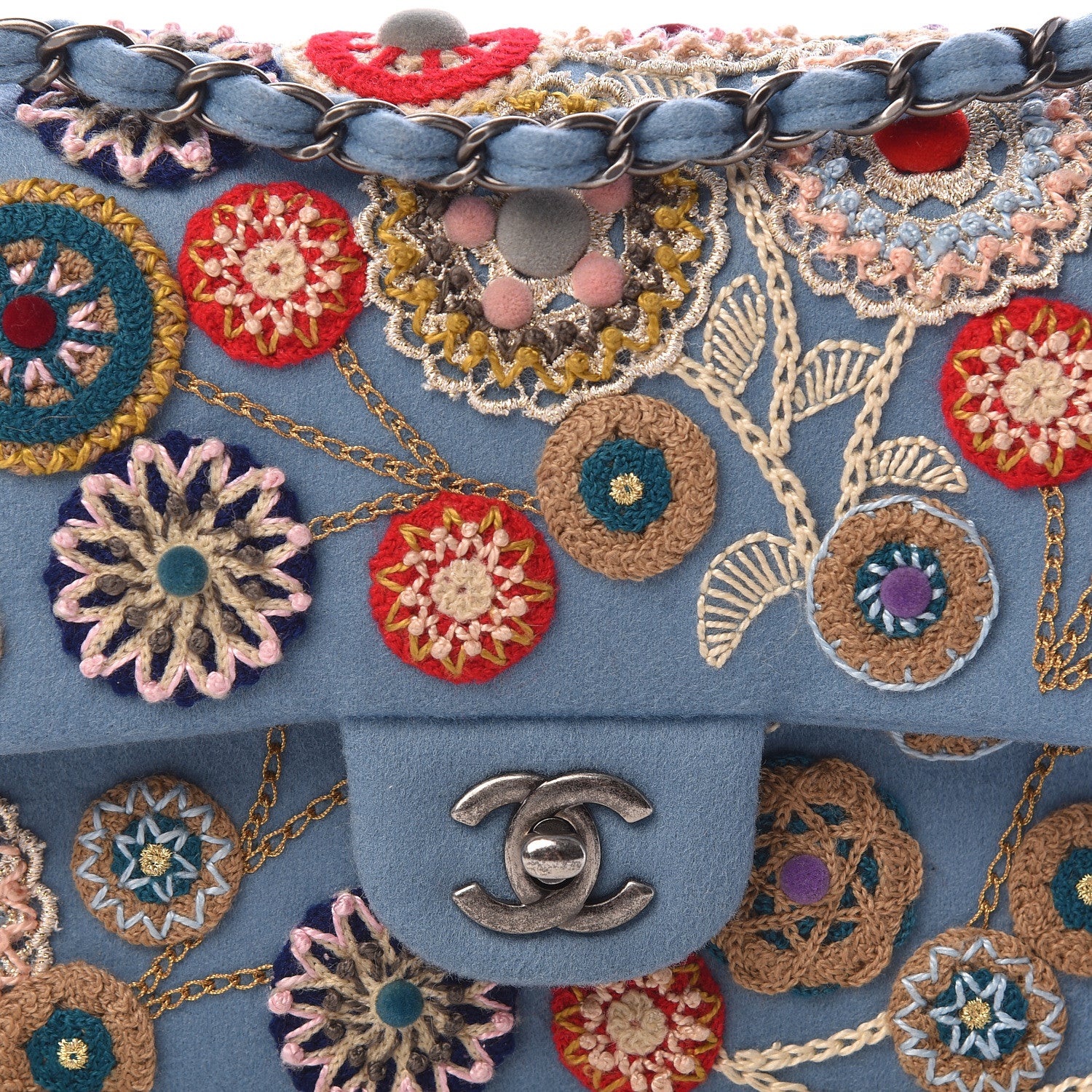 Chanel Felt Flower Embroidered Medium Double Flap Blue Multicolor 8 of 12