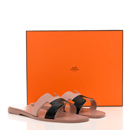 Hermes Box Calfskin Oran Sandals 37.5 Black Vieux Rose 9 of 9