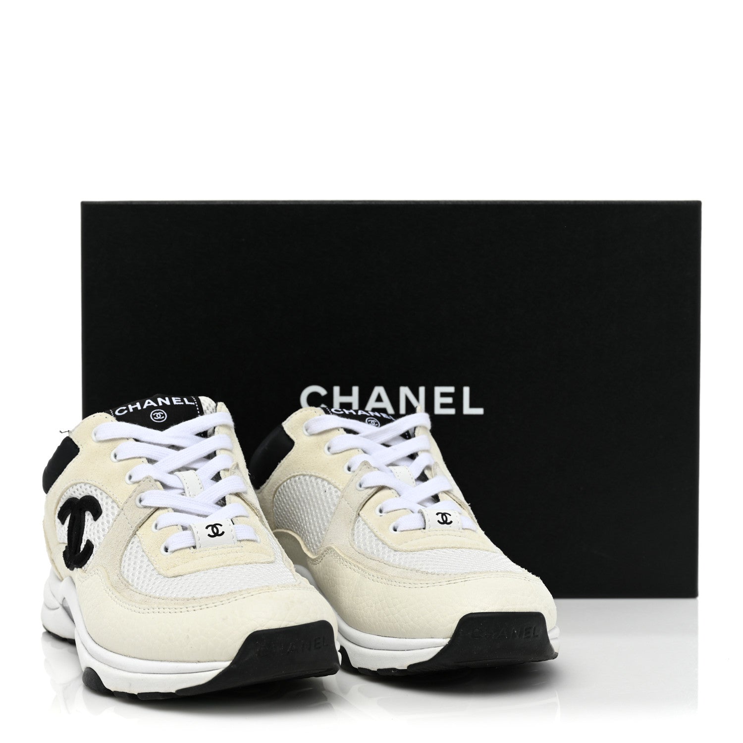 Chanel Mesh Suede Calfskin Grained Calfskin Womens CC Sneakers 37 White Black 12 of 12