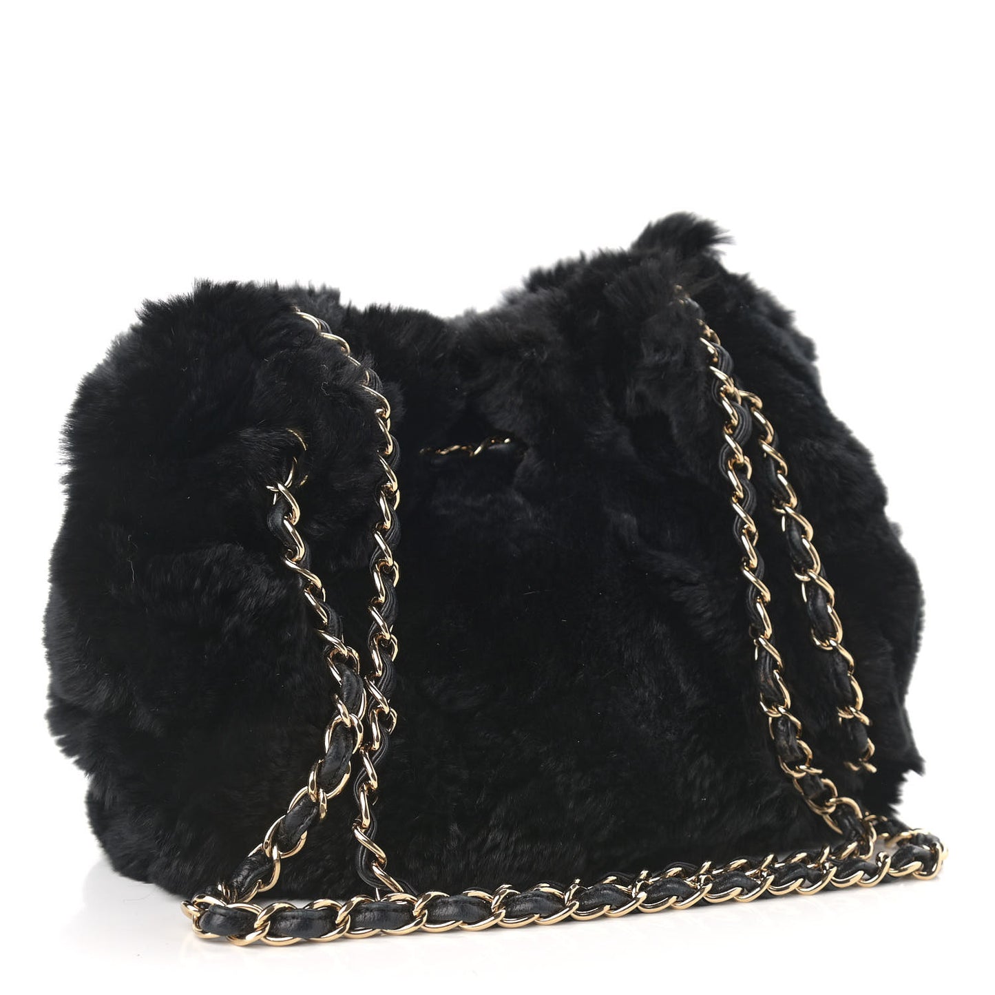 Rabbit Fur Reversible Drawstring Bag Black