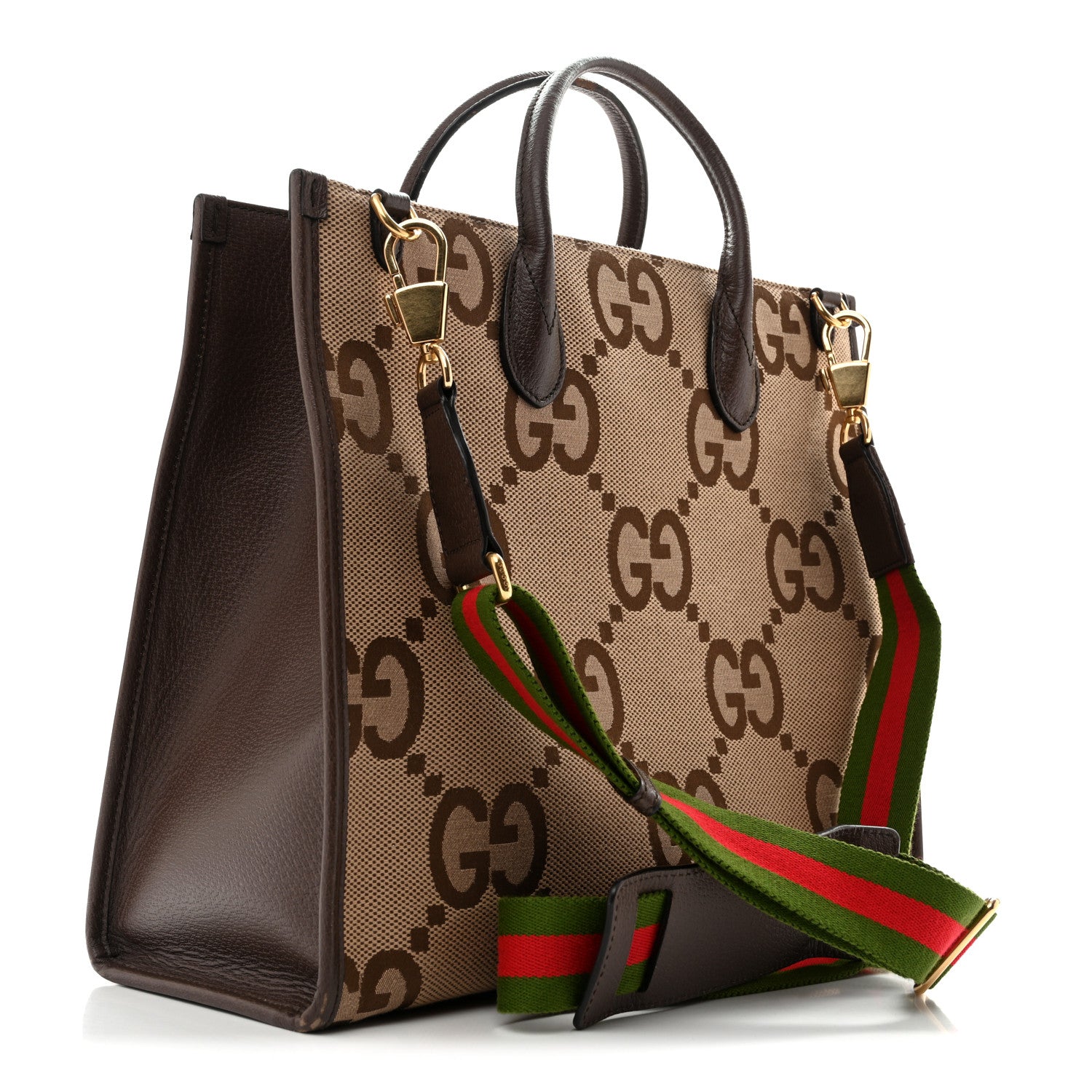 Gucci Monogram Jumbo GG Textured Dollar Calfskin Web Tote Bag Camel Ebony New Acero 3 of 15