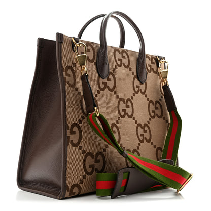 Gucci Monogram Jumbo GG Textured Dollar Calfskin Web Tote Bag Camel Ebony New Acero 3 of 15