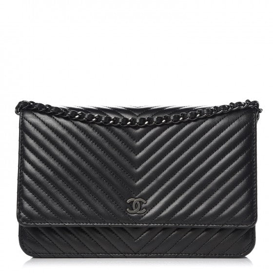 Chanel Lambskin Chevron Quilted Wallet On Chain WOC So Black 1 of 11