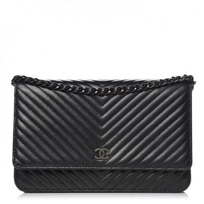 Chanel Lambskin Chevron Quilted Wallet On Chain WOC So Black 1 of 11