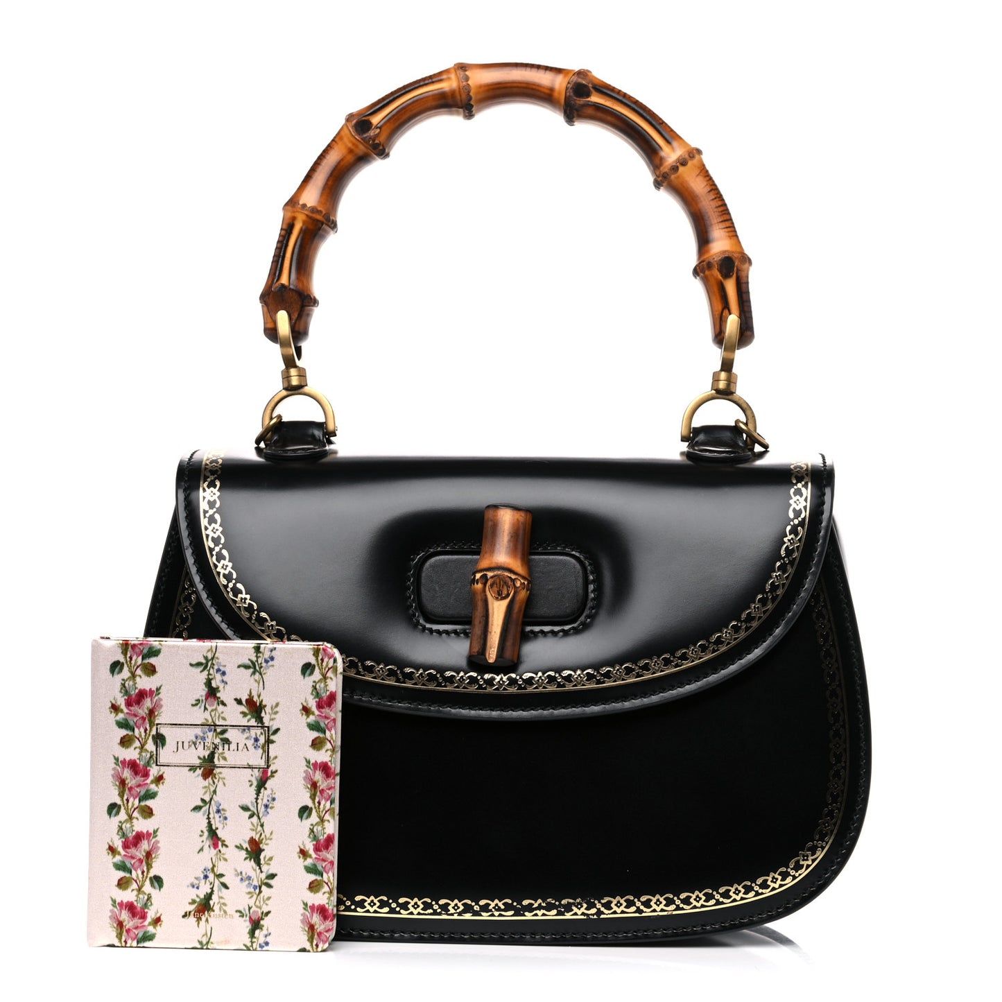 Calfskin Frame Print Bamboo Top Handle Bag Black