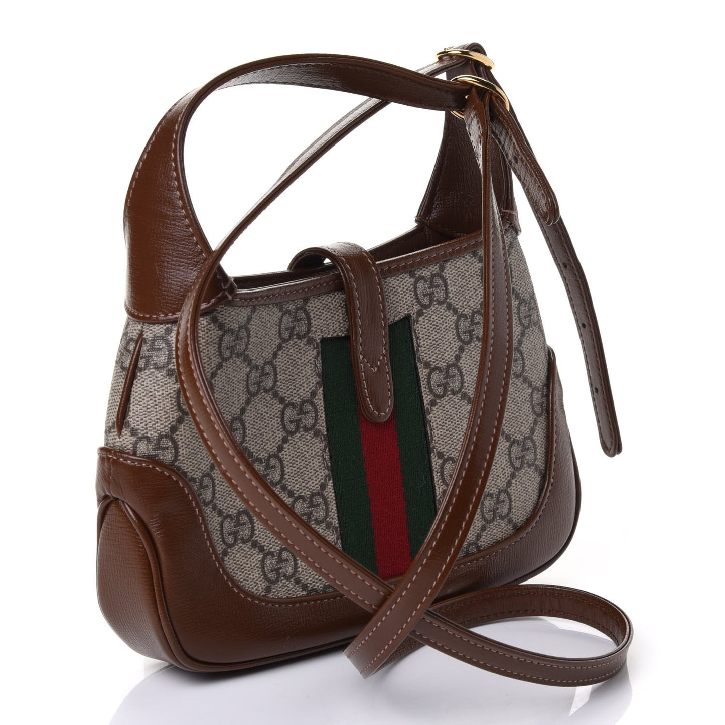 GG Supreme Monogram Azalea Calfskin Web Mini Jackie 1961 Hobo Beige Ebony Brown Sugar