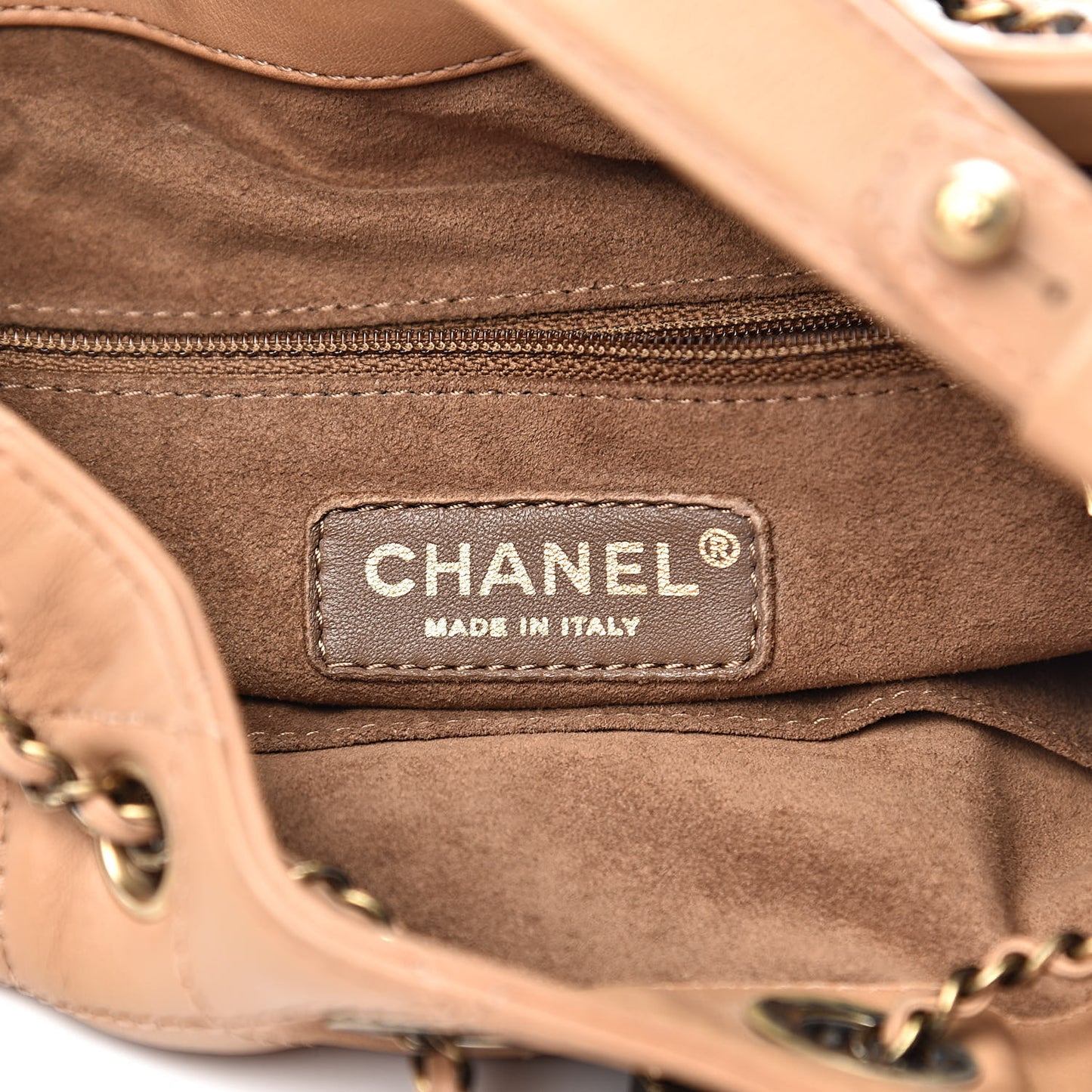 Calfskin Stitched Medium Drawstring CC Bag Beige
