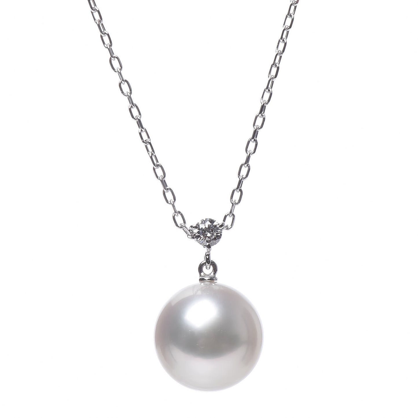 18K White Gold Diamond Akoya Pearl 12mm Pendant Necklace