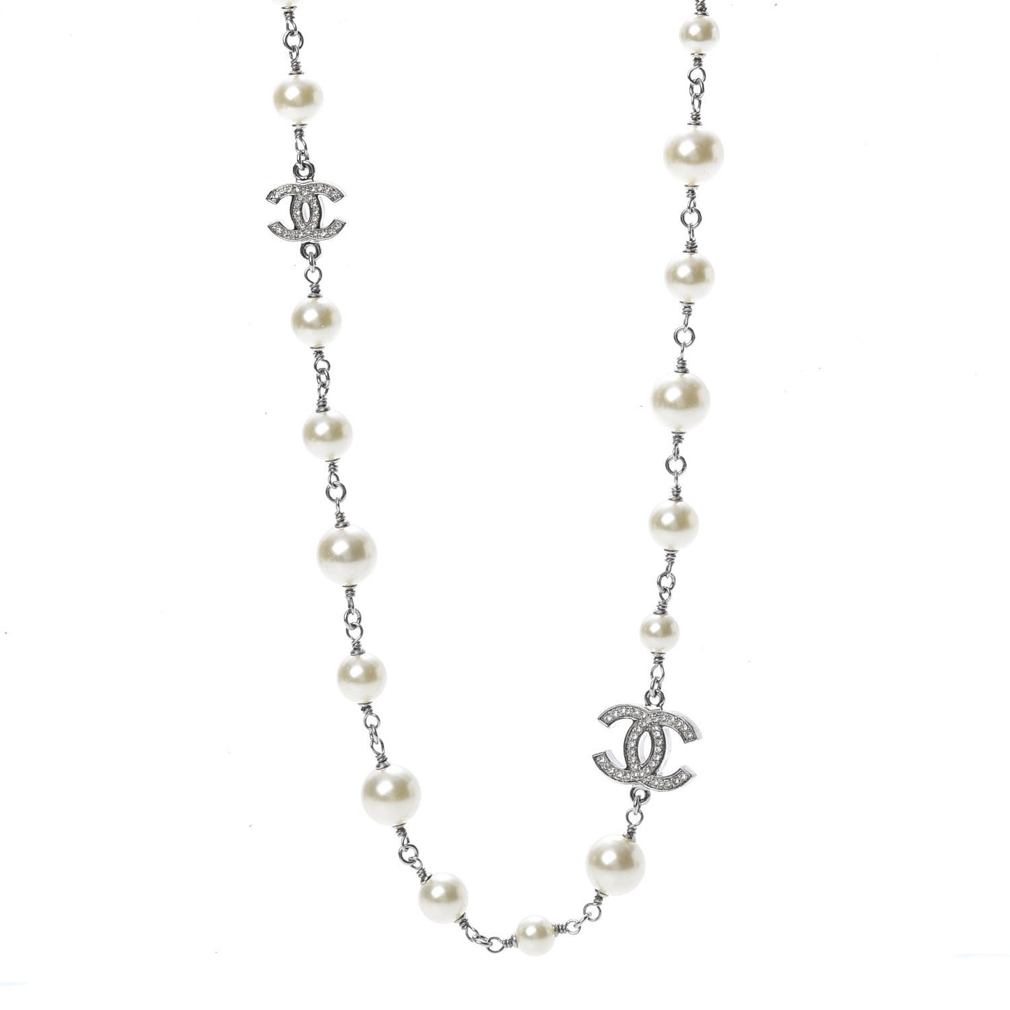 Crystal Pearl CC Long Necklace Silver