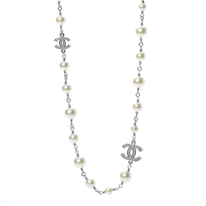 Chanel Crystal Pearl CC Long Necklace Silver 1 of 5