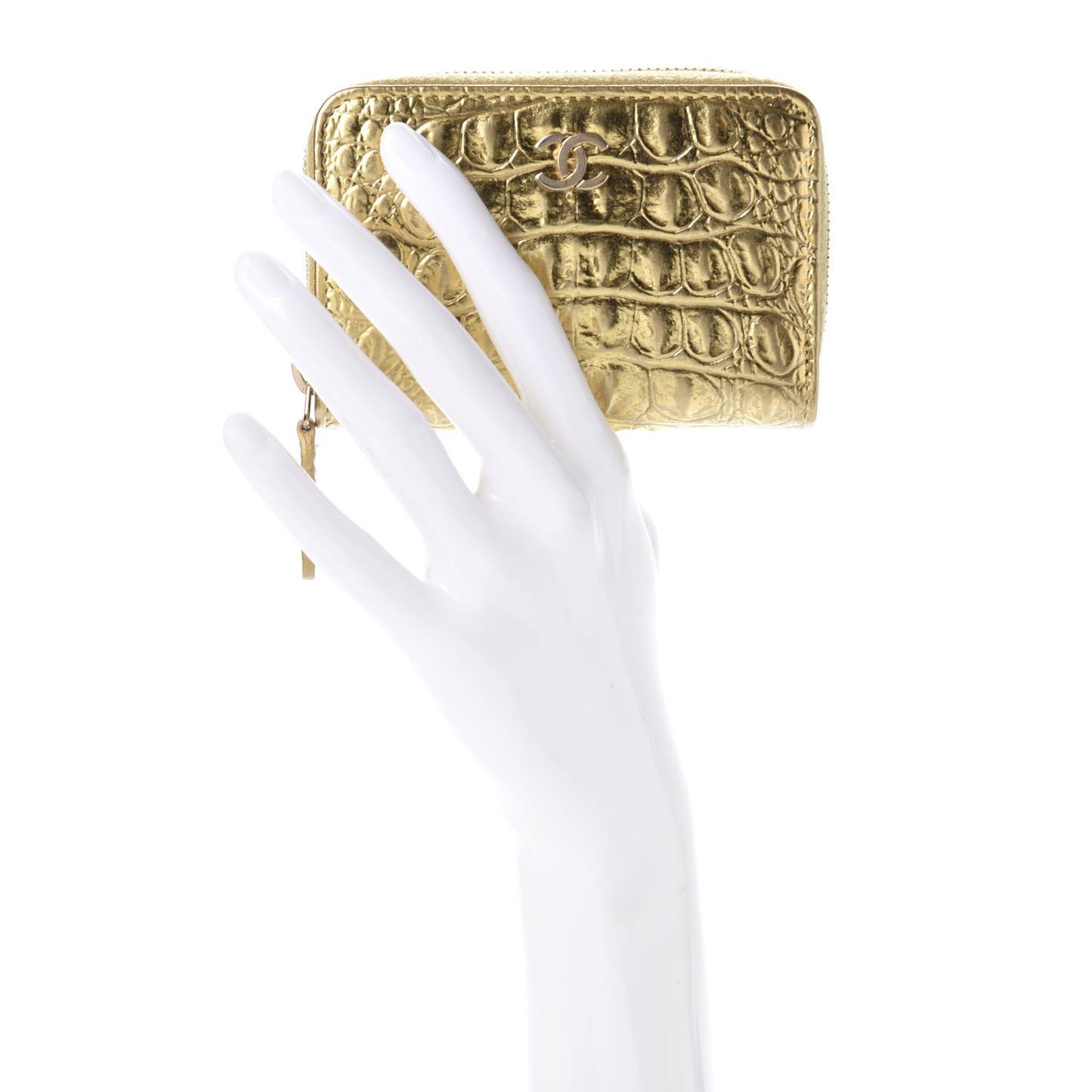 Metallic Calfskin Crocodile Embossed Cocodile Zip Coin Case Gold