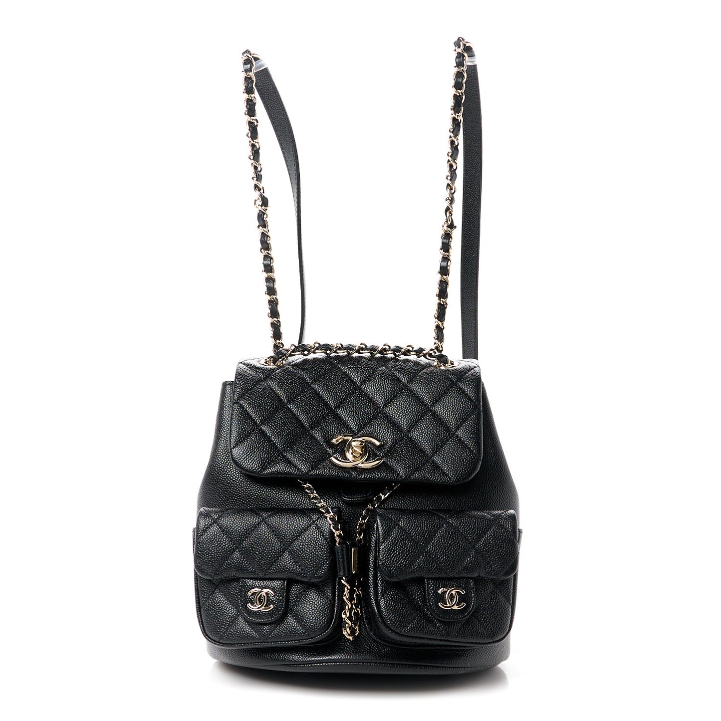 Shiny Caviar Quilted Medium Duma Pockets Drawstring Backpack Black