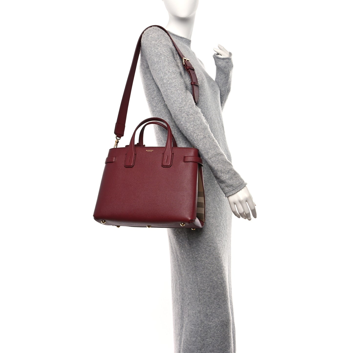 Grainy Calfskin House Check Medium Banner Tote Mahogany Red
