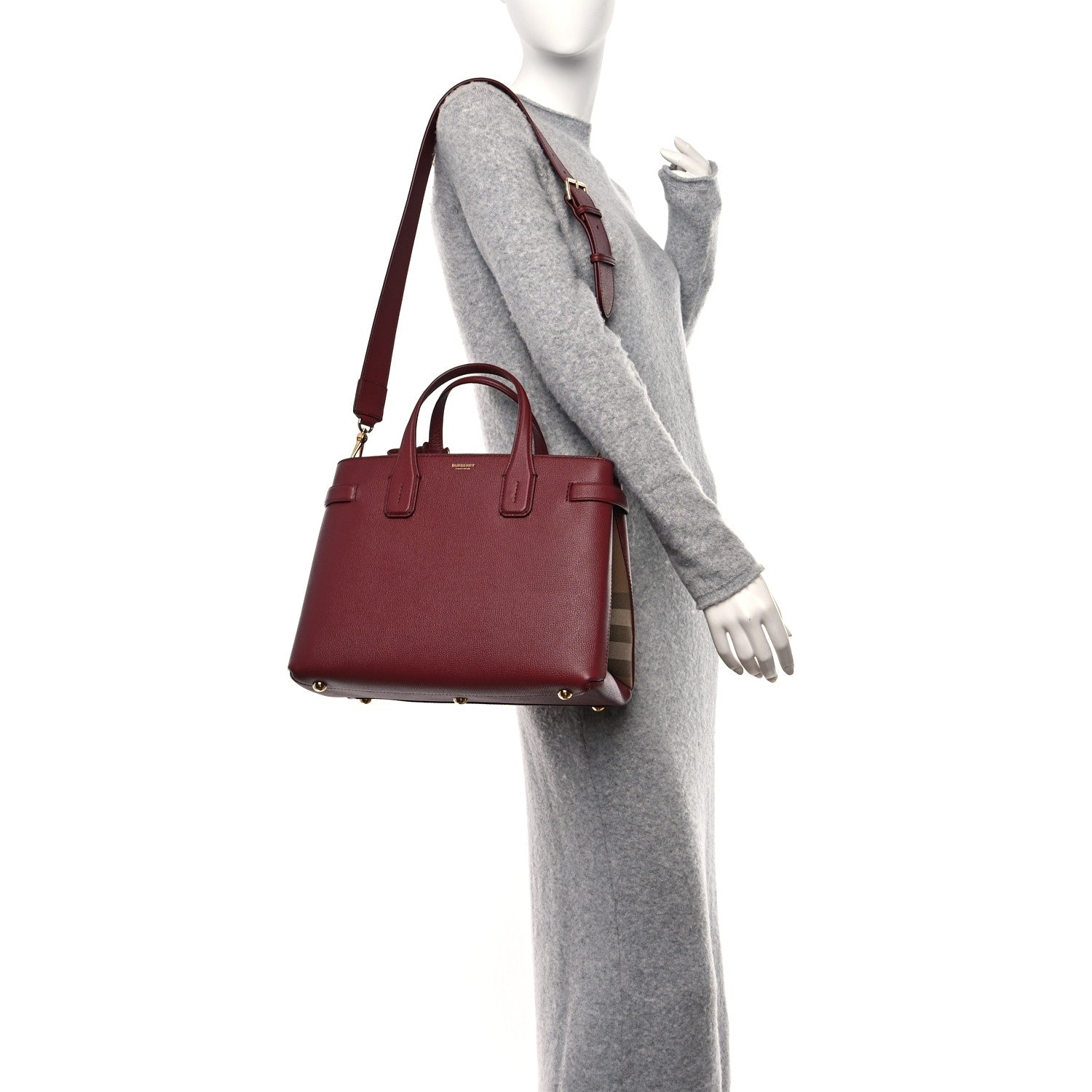 Burberry Grainy Calfskin House Check Medium Banner Tote Mahogany Red 3 of 9