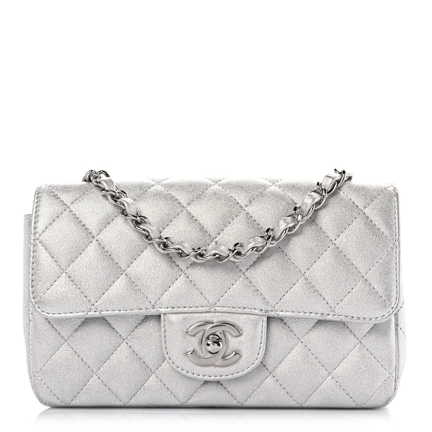 Metallic Lambskin Quilted Mini Rectangular Flap Silver