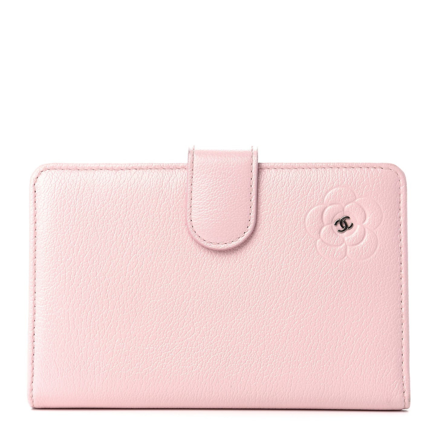 Goatskin Camellia Embossed French Flap Wallet Pink
