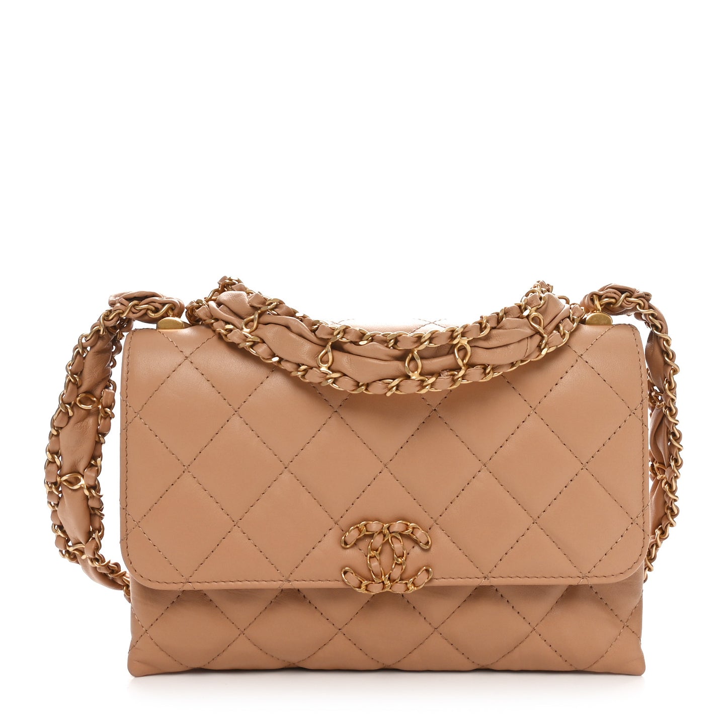Crumpled Calfskin Quilted Braided CC Flap Beige