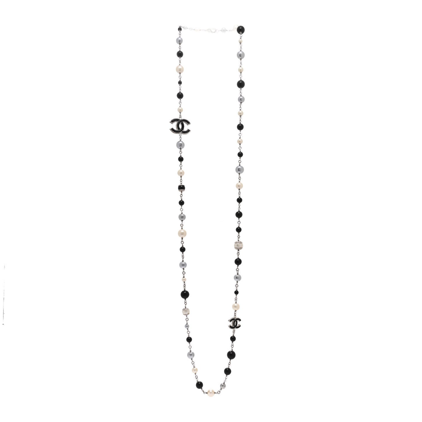 Pearl Bead Enamel CC Baroque Long Necklace Black Silver