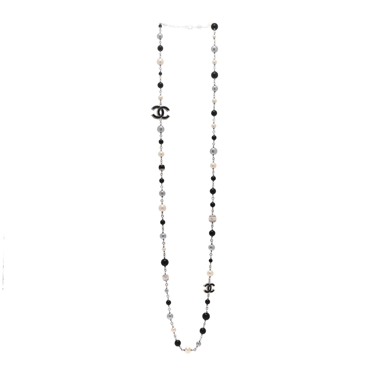 Chanel Pearl Bead Enamel CC Baroque Long Necklace Black Silver 4 of 5