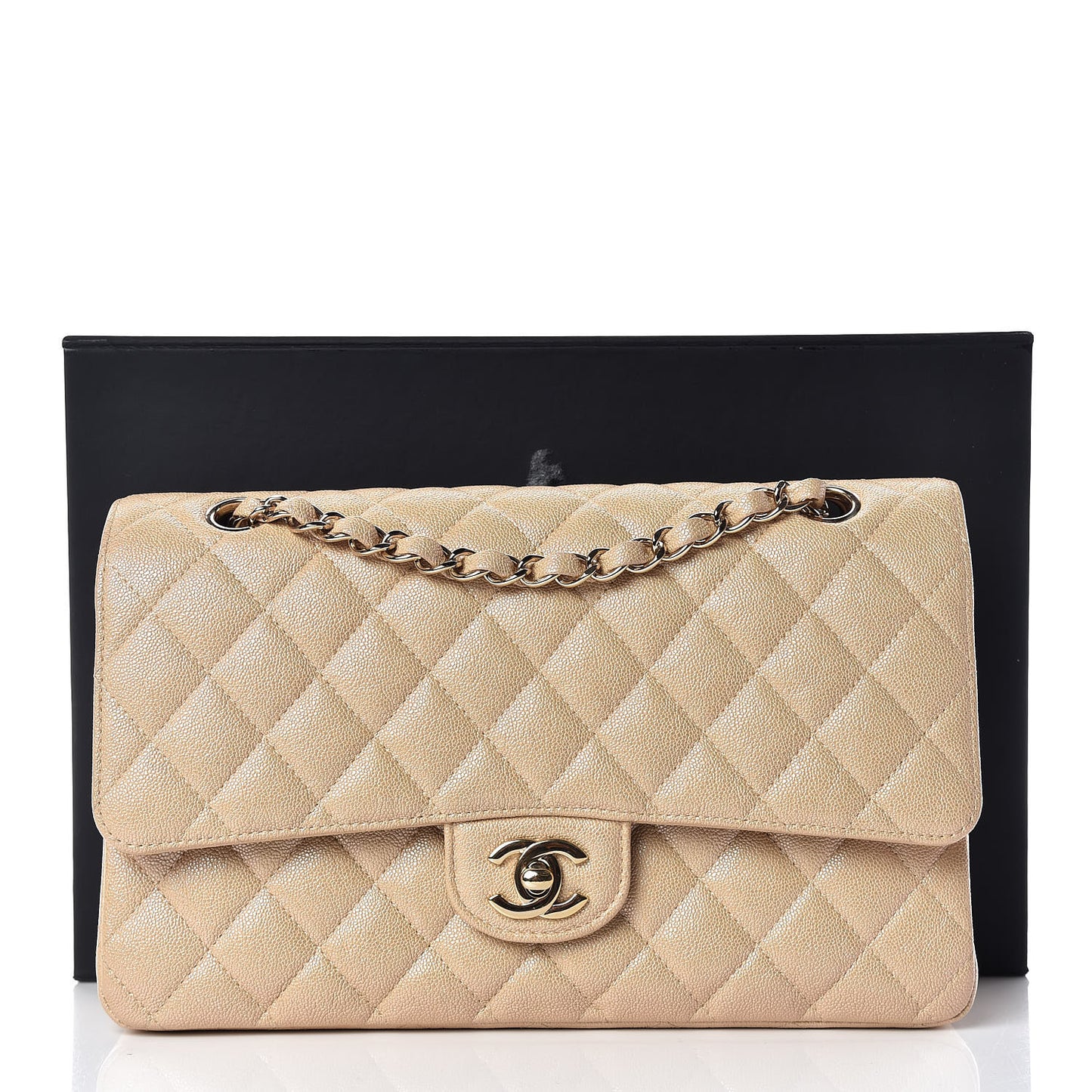Iridescent Caviar Quilted Medium Double Flap Beige