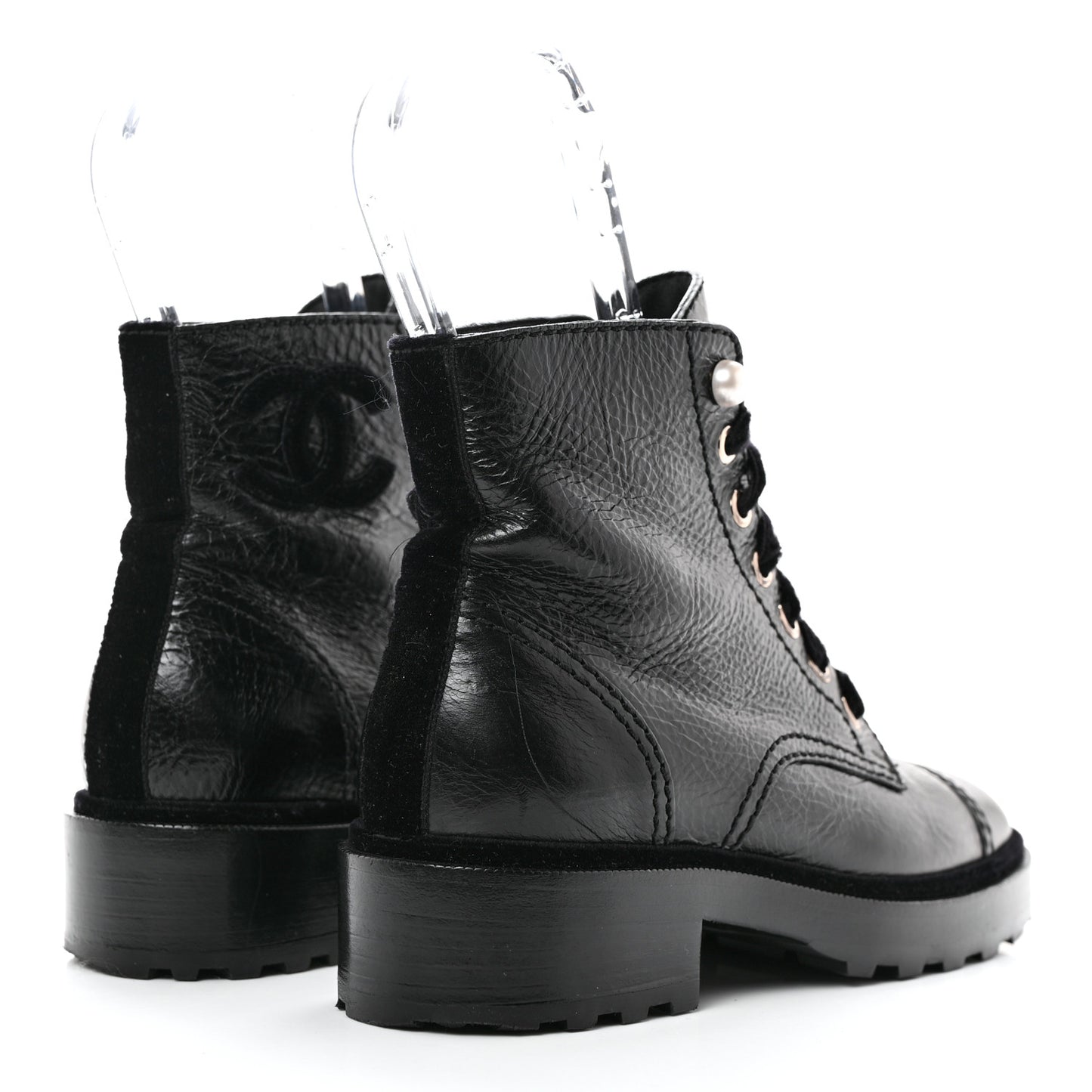 Shiny Calfskin Velvet Pearl Combat Short Boots 36 Black